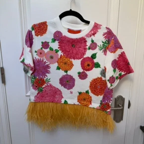 La DoubleJ La Scala Tee Floral Cotton Feather Trim Blouse Crew Neck Size Small - Picture 5 of 7
